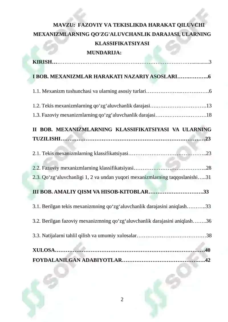 FAZOVIY VA TEKISLIKDA HARAKAT QILUVCHI MEXANIZMLARNING QO'ZG'ALUVCHANLIK DARAJASI, ULARNING KLASSIFIKATSIYASI 2