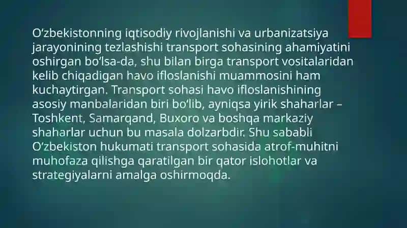 Transport sohasida atrof-muhitni muhofaza qilish 2