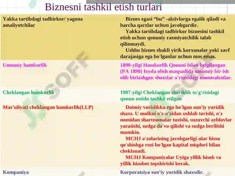 Biznesni tashkil etish turlari 2