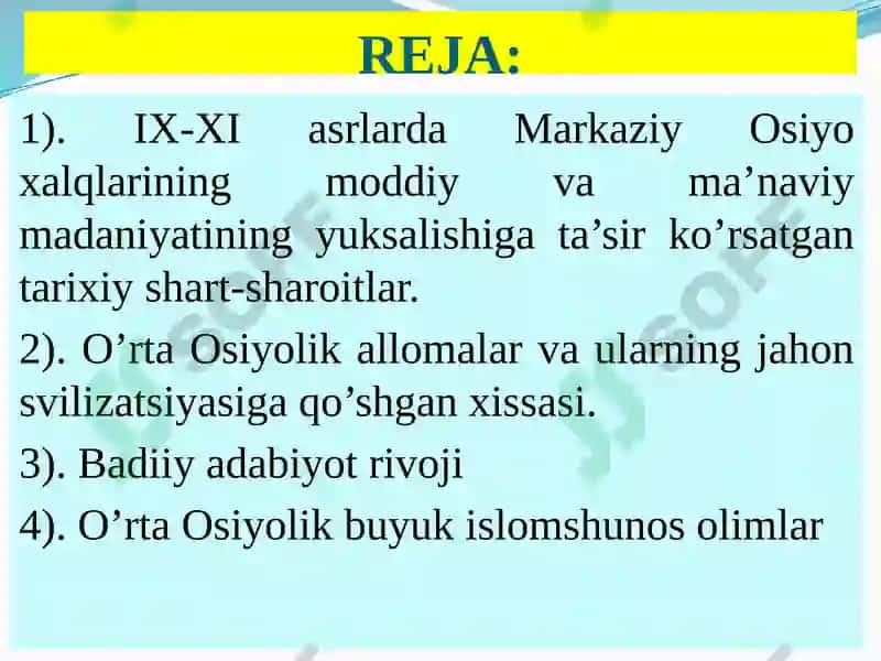 O’RTA OSIYO HALQLARI HAYOTIDA IX-XII ASRLARDA YUZ BERGAN UYG’ONISH DAVRI 2