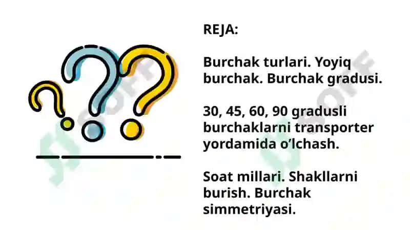 Burchak  va ularning turlari.Figuralarni farqlay olish,qismlarga bo'lish , qismlardan figuralar hosil qilish 2