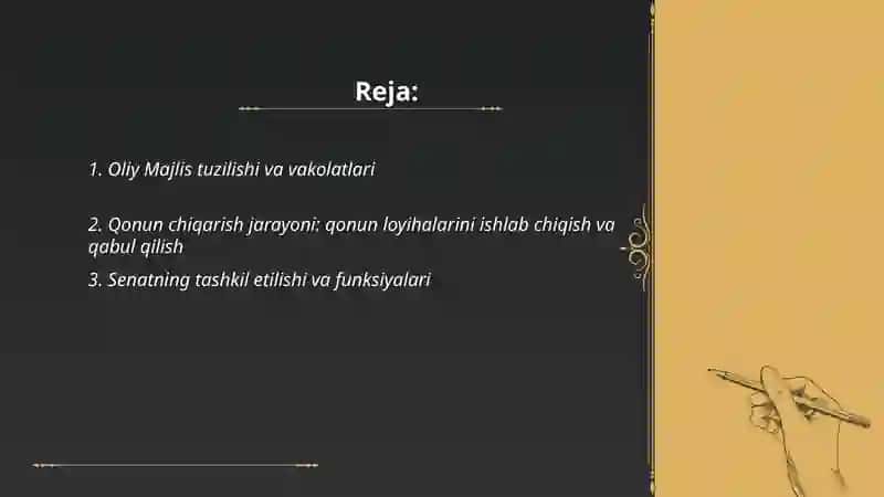 O'zbekiston Respublikasi hokimiyatlar tizimi (konun chiqaruvchi, ijtiro etuvchi va sud hokimiyati) 2