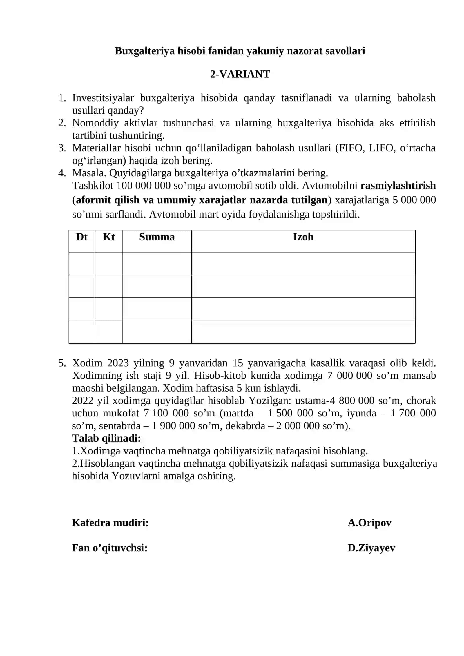 Moliya hisob fanidan yakuniy nazorat savollari 2
