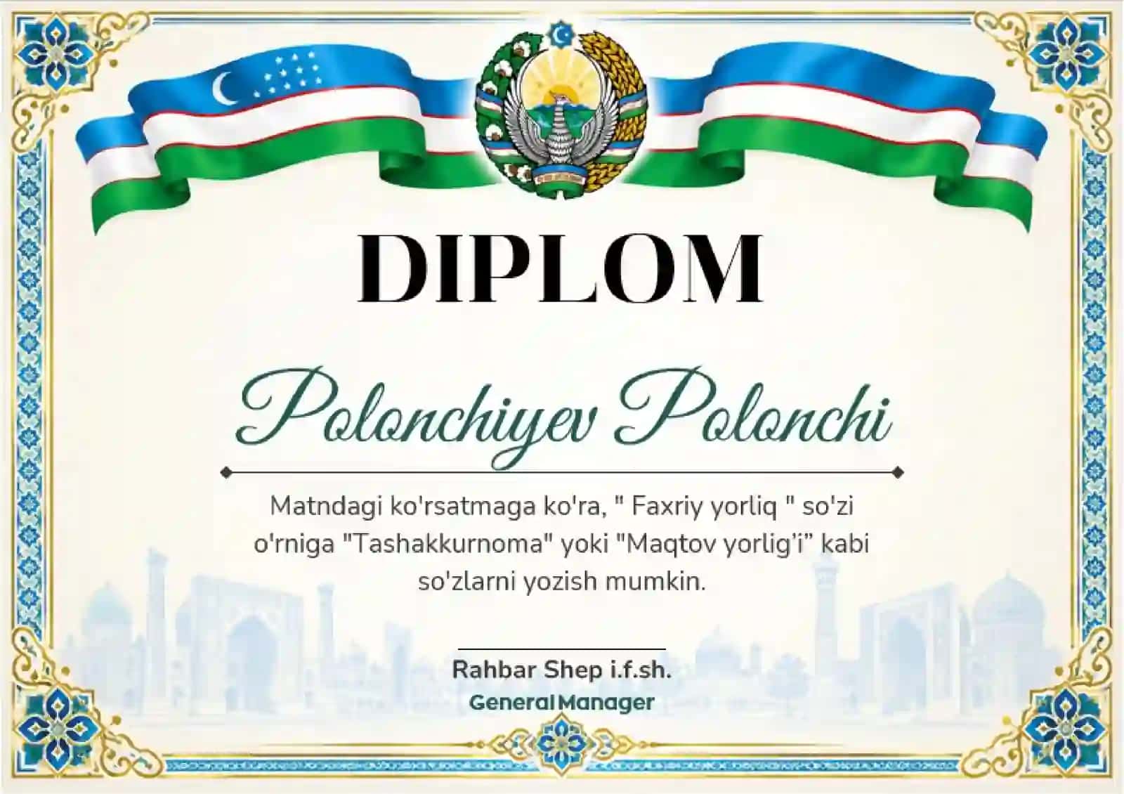 Shablon diplom, sertifikat, faxriy yorliq, tashakkurnoma yoki maqtov yorlig'i 2