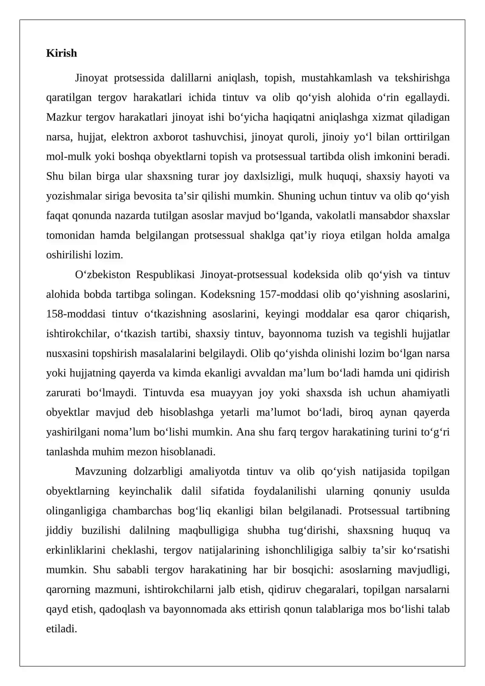 Tintuv va olib qo‘yish tergov harakatlarini o‘tkazish tartibi va asoslari 2