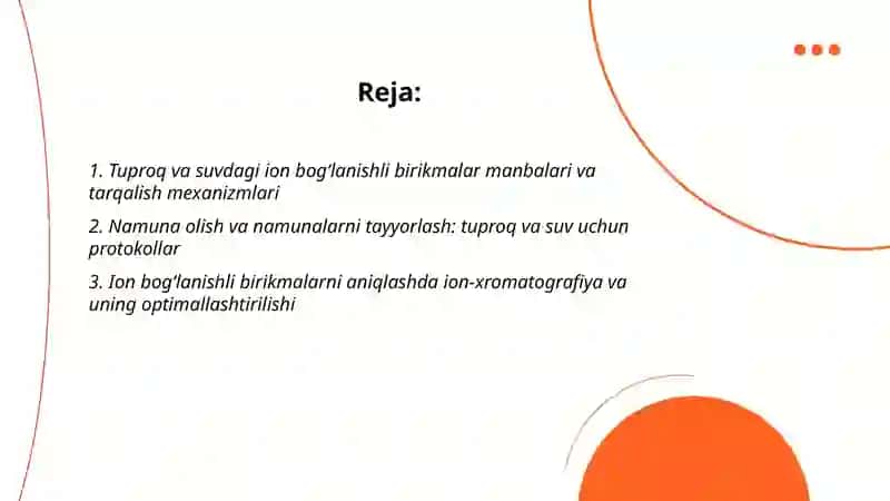 Tuproq va suvning ifloslanishida ion bogʻlanishli birikmalarni aniqlab ulardan tozalash usulini ishlab chiqish 2