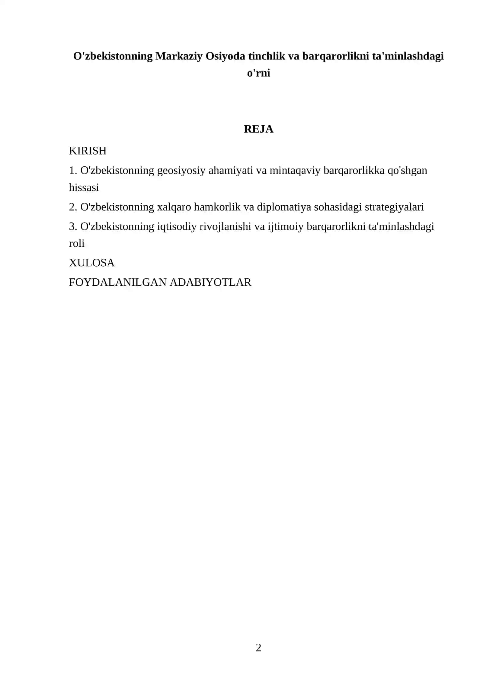 O'zbekistonning Markaziy Osiyoda tinchlik va barqarorlikni ta'minlashdagi o'rni 2