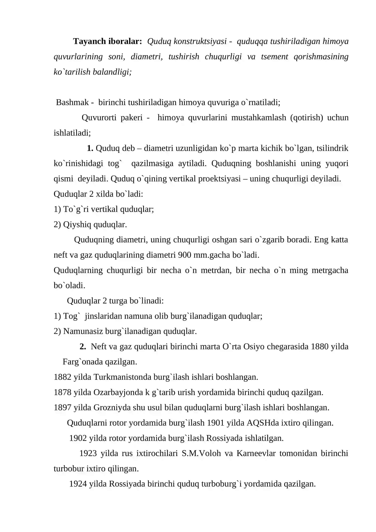 Quduqlаrni qurish hаqidа tushunchа. Nеft vа gаz quduqlаrini burg`ilаsh. Tеxnоlоgiyasi. Quduqlаr tаsnifi 2