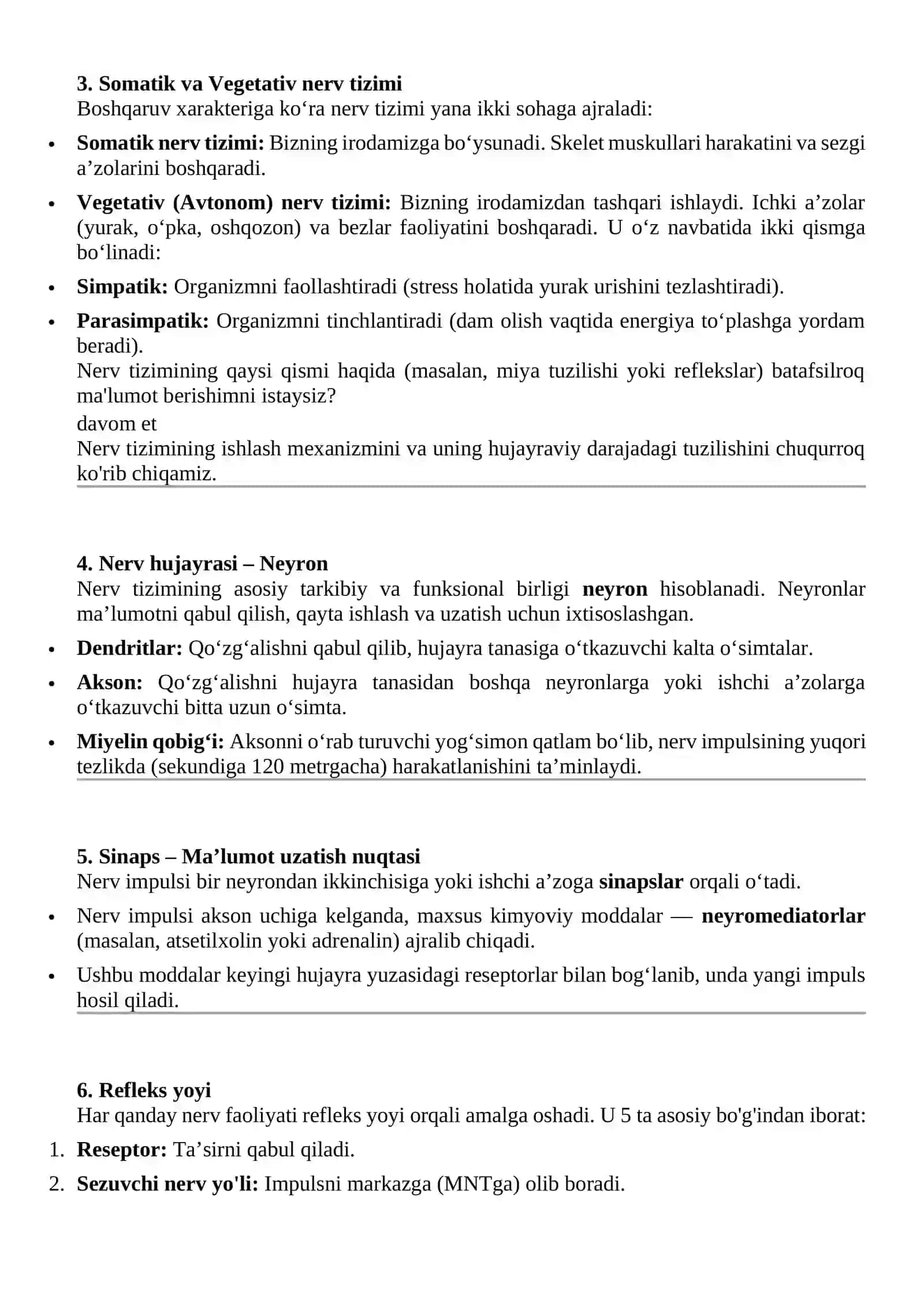 Organizm faoliyatining nerv tizimi vositasida boshqarilishi, nerv tizimining turlari 2