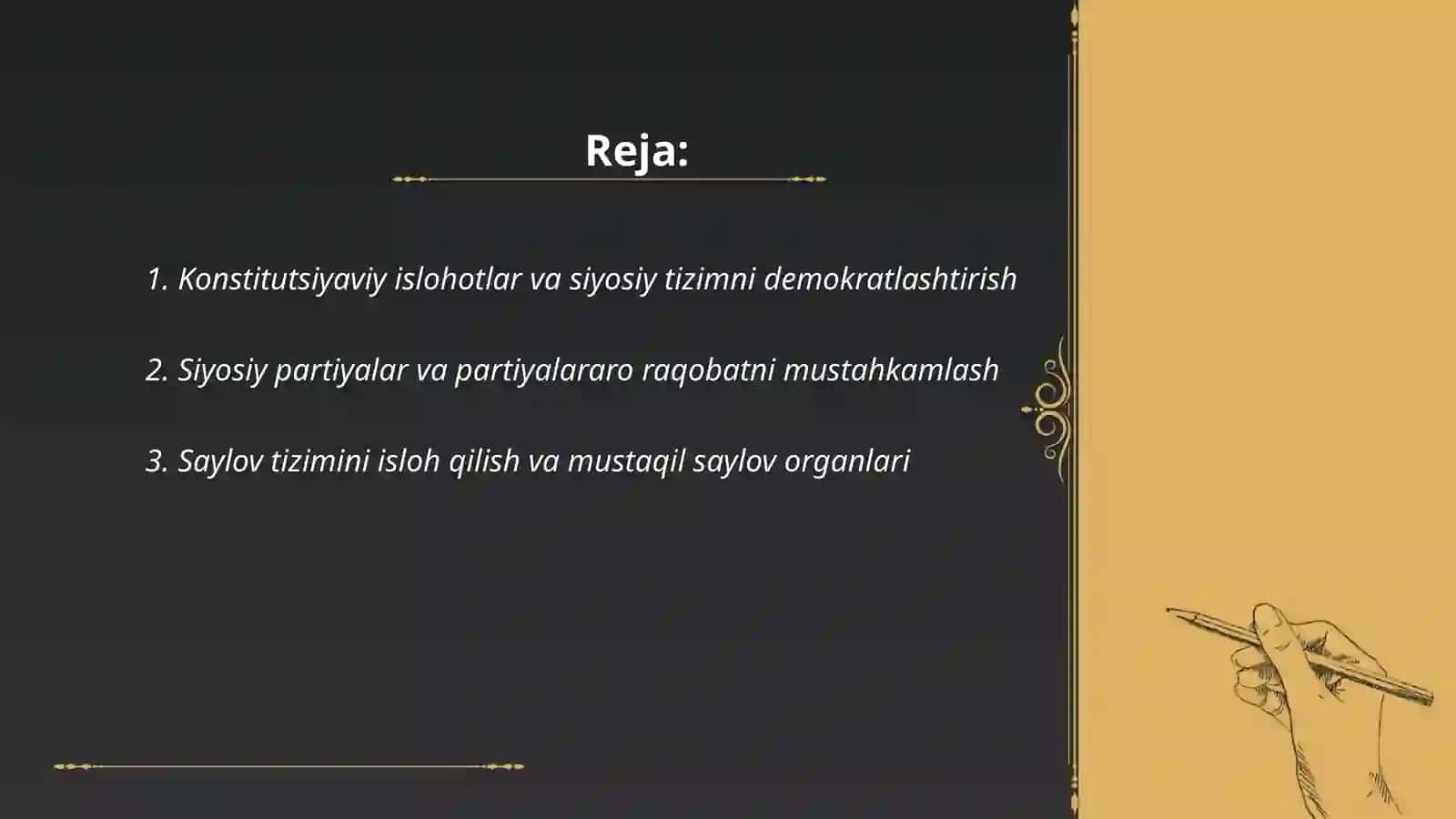Oʻzbekistonda demokratik, fuqarolik jamiyati asoslarining shakllanishi amalga oshirilgan siyosiy islohotlar 2
