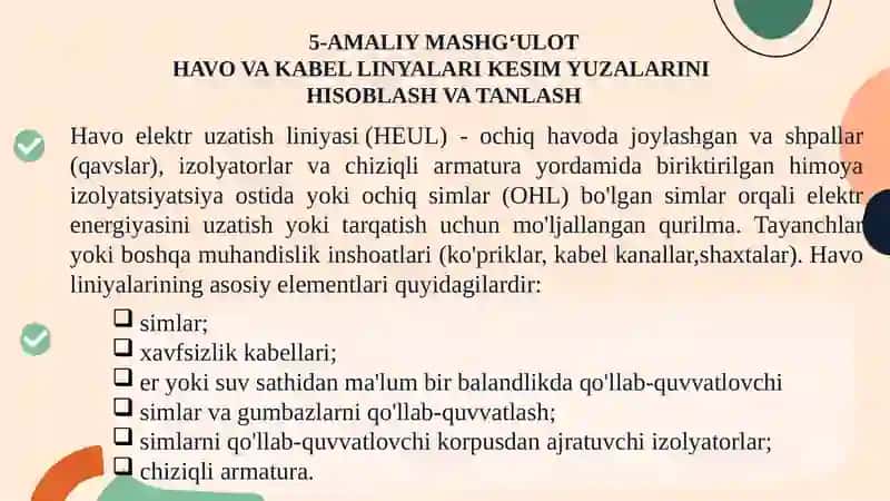 HAVOVA KABEL LINYALARI KESIM YUZALARINIHISOBLASH VATANLASH 2