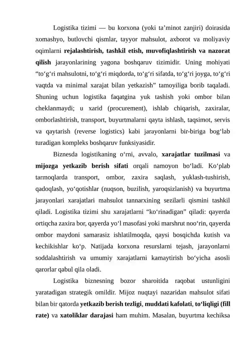 Logistikani optimallashtirish va biznes samaradorligi 2