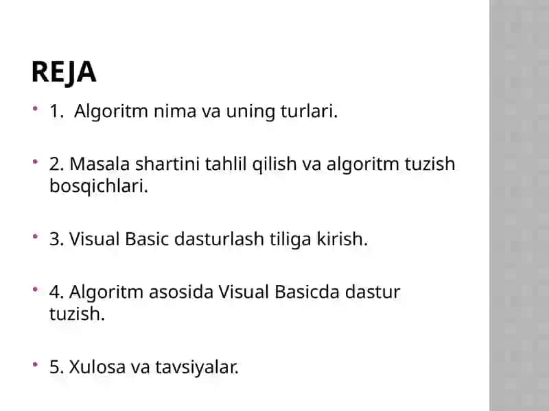 Masalalarning algoritmini tuzish va shu algoritm asosida Visual Basic dasturlash tilida dastur tuzish 2