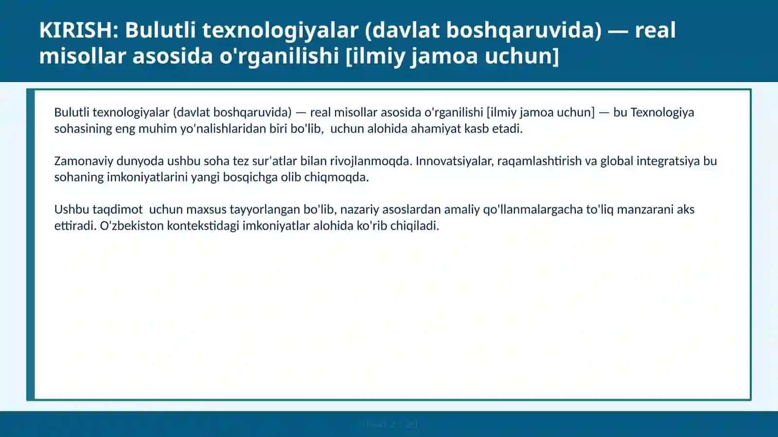 Bulutli texnologiyalar (davlat boshqaruvida) — real misollar asosida o'rganilishi [ilmiy jamoa uchun] 2