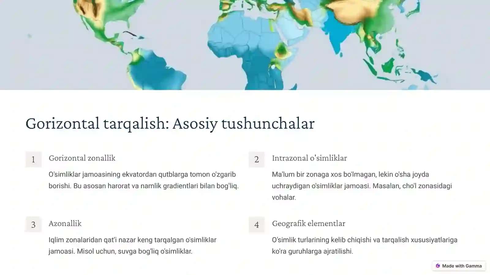 O'simliklar jamoasining geografik tarqalishi: Gorizontal va vertikal poyansnost areali 2
