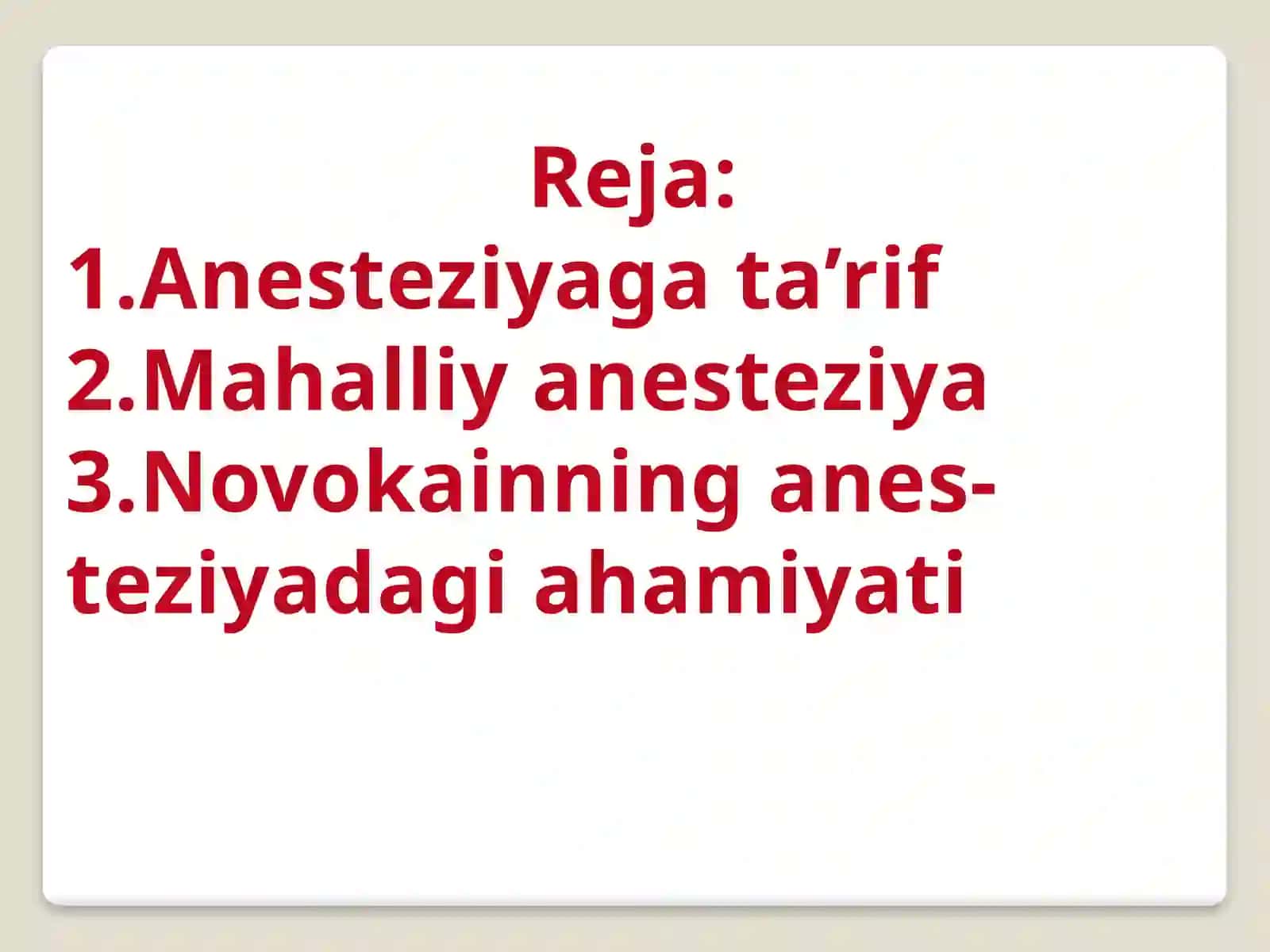 Mahalliy anesteziya uchun anestetiklar tayyorlash. 0,5% novokain eritmalarini amaliyot vaqtida qo’llash 2