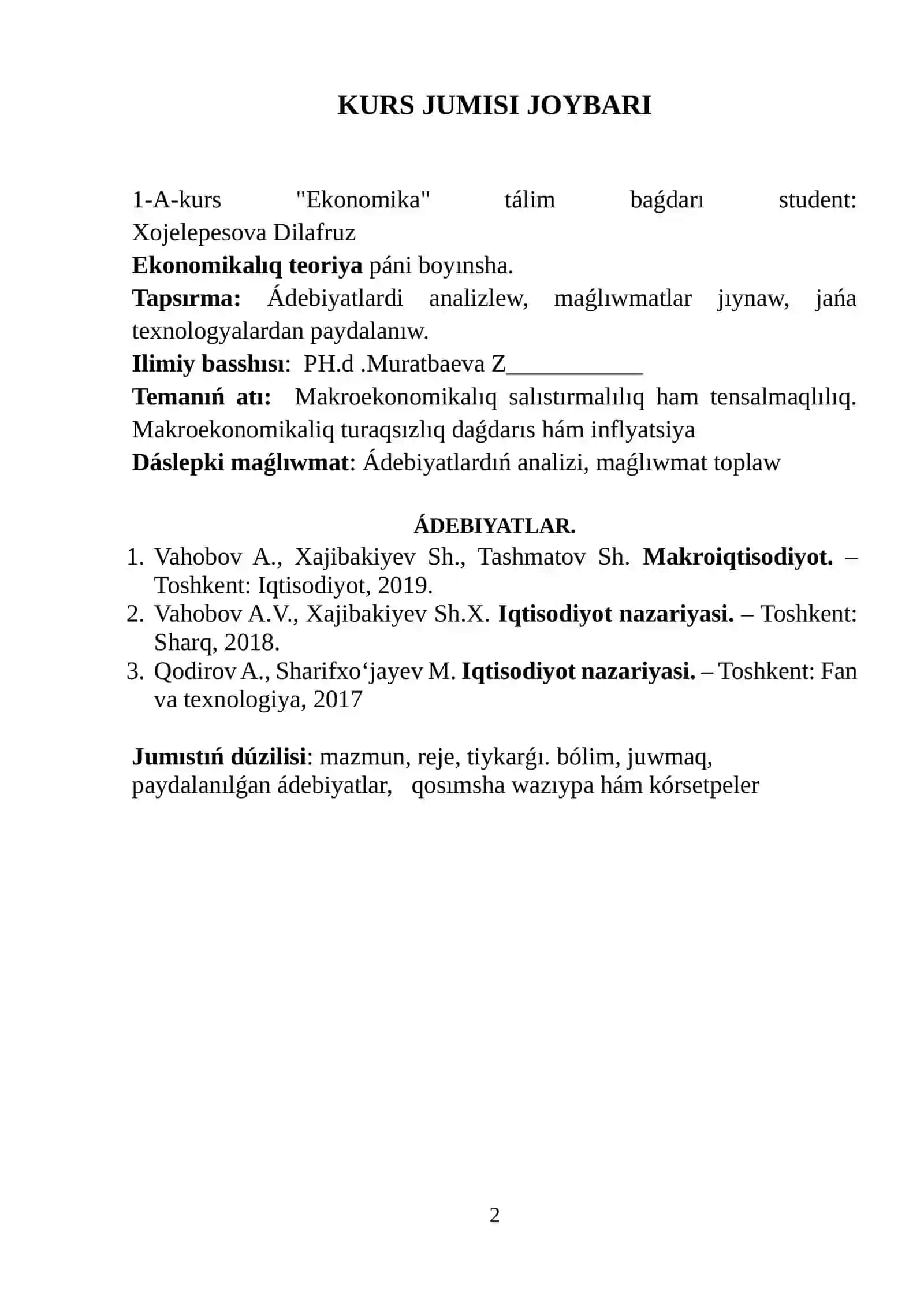 Makroekonomikalıq salıstırmalılıq ham tensalmaqlılıq. Makroekonomikaliq turaqsızlıq daǵdarıs hám inflyatsiya 2