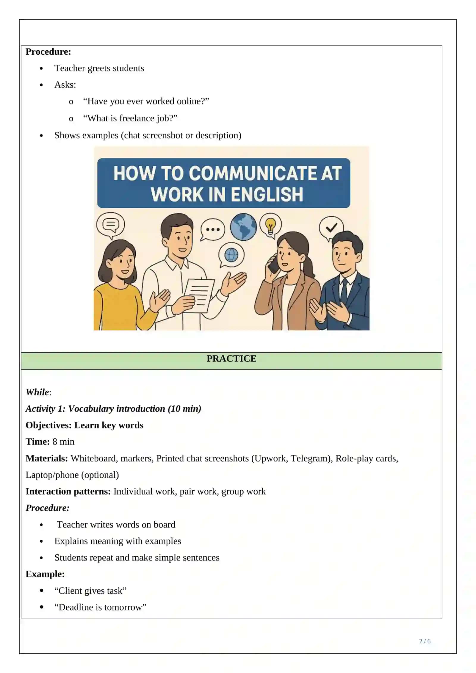 Lesson plan ESP focusing on English for IT, teaching freelance 2