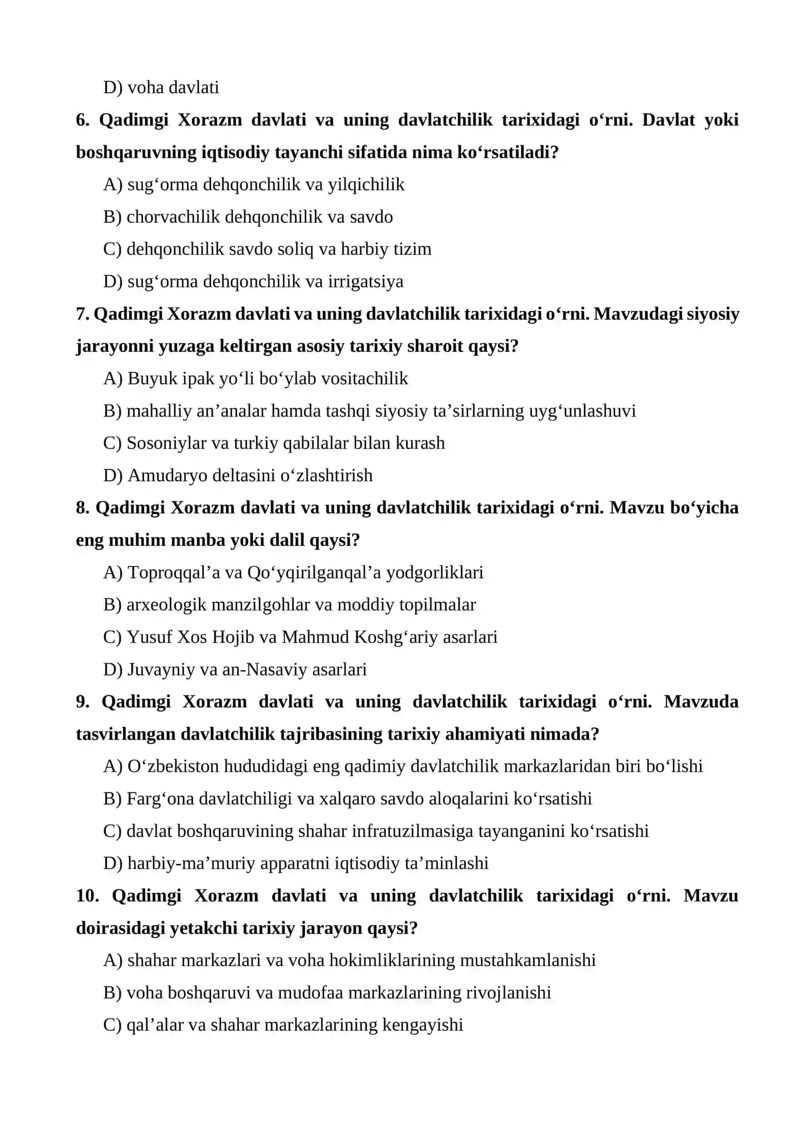 Qadimgi Xorazm davlati va uning davlatchilik tarixidagi o‘rni test 2
