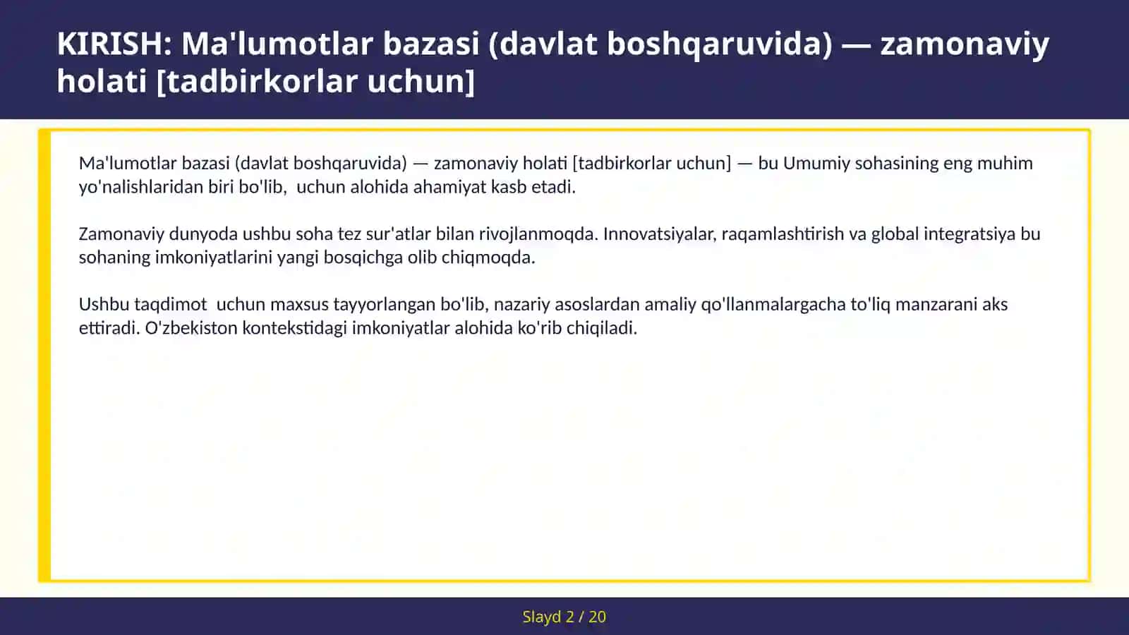 MA'LUMOTLAR BAZASI (DAVLAT BOSHQARUVIDA) — ZAMONAVIY HOLATI [TADBIRKORLAR UCHUN] 2