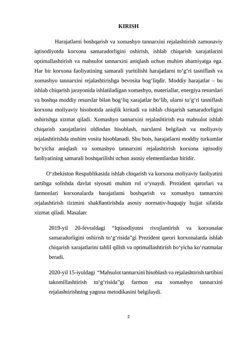 Harajatlarni moddalar bo'yicha turkumlash va xomashyo tannarxini rejalashtirish 2