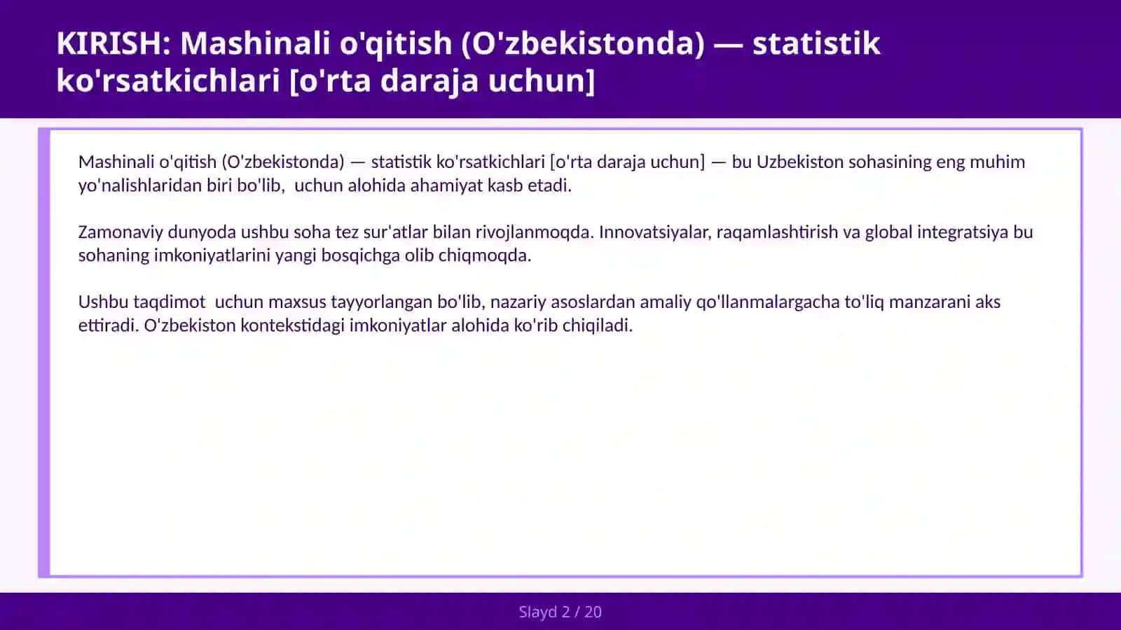 Mashinali o'qitish (O'zbekistonda) — statistik ko'rsatkichlari [o'rta daraja uchun] 2