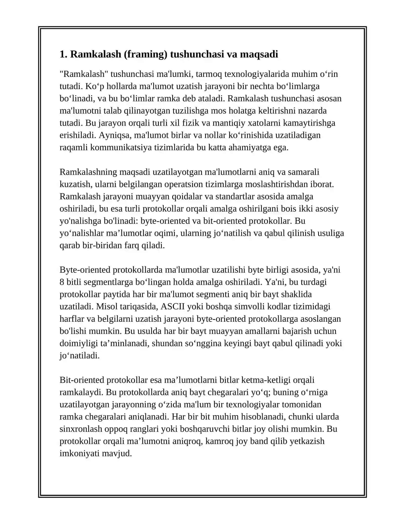 FRAMING, BYTE-ORIENTED VA BIT-ORIENTED PROTOKOLLAR 2