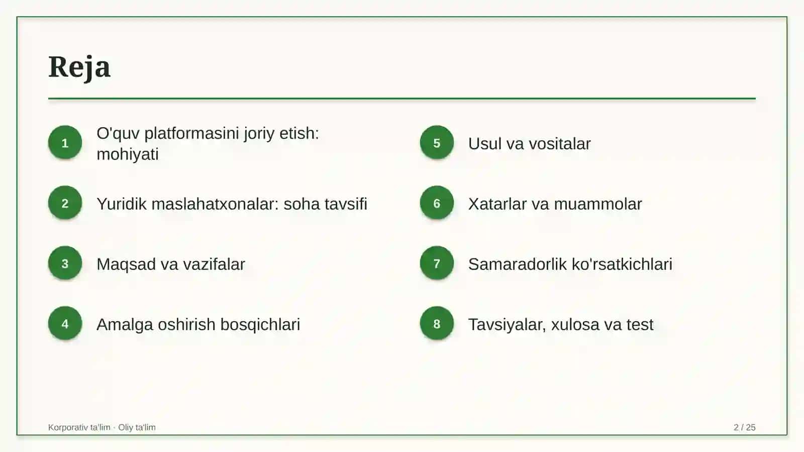 Yuridik maslahatxonalarda o'quv platformasini joriy etish 2