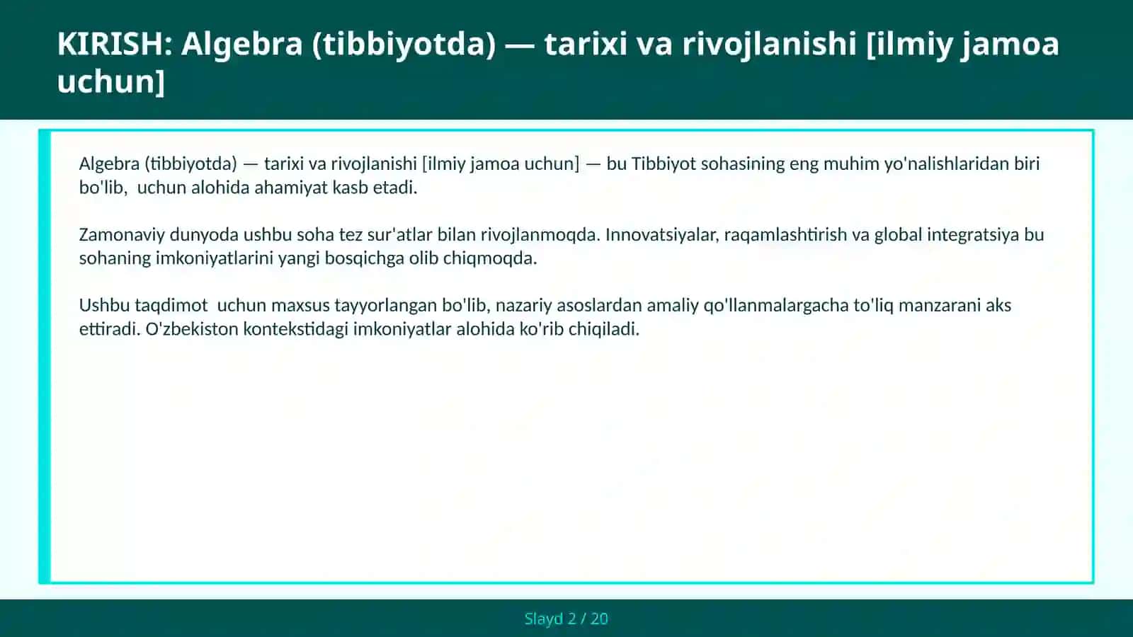 Algebra (Tibbiyotda) — Tarixi va Rivojlanishi [Ilmiy Jamoa Uchun] 2