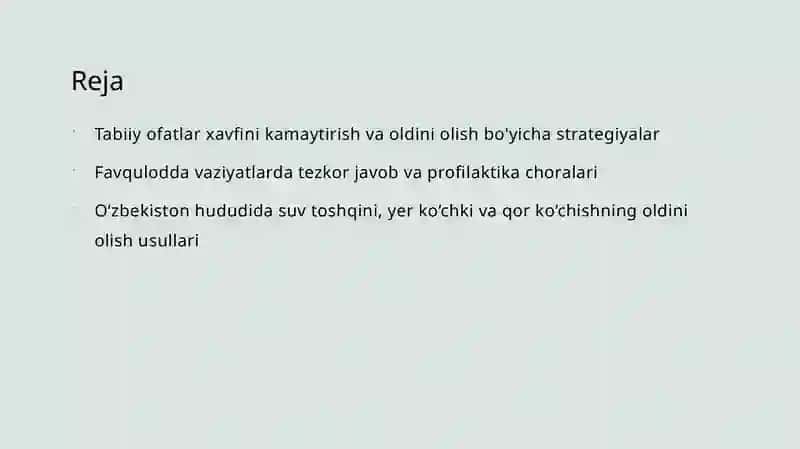 Toshqinlar, sel oqimlari, qor ko'chish va yer ko'chki hodisalari bilan bog'liq favqulotda vaziyatlarni oldini olish hamda ularning oqibatlarini tugatish borasidagi chora tadbirlar 2