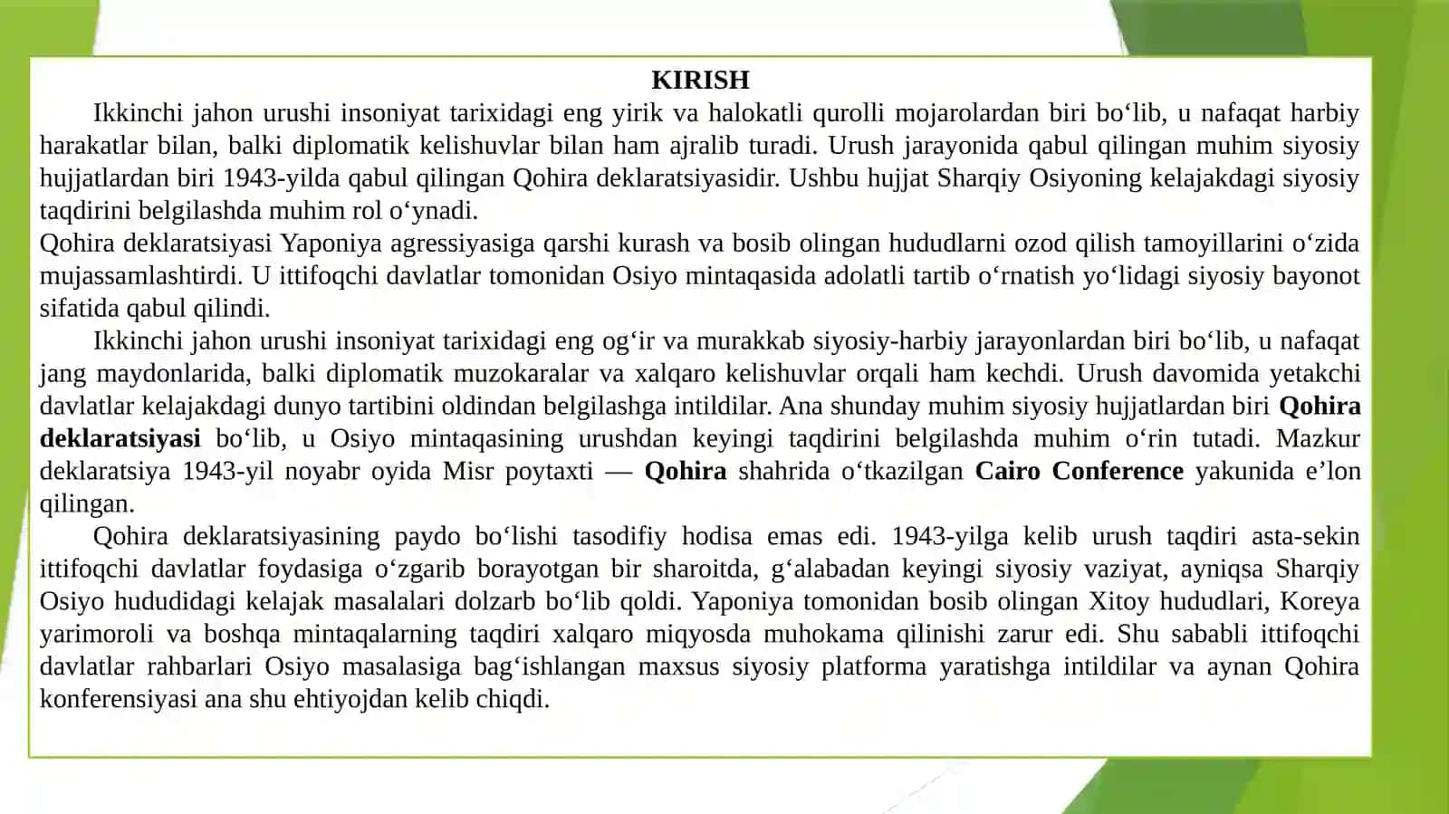 Qohira deklaratsiyasi tarixi mazmuni va tarixiy ahamiyati 2