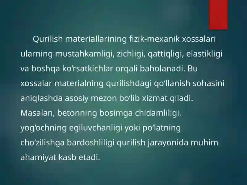 Qurilish materiallari fizik-mexanik xossalar aniqlash, yangi uslublari 2
