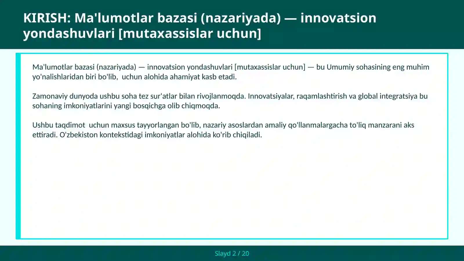 Ma'lumotlar bazasi (nazariyada) — innovatsion yondashuvlari [mutaxassislar uchun] 2