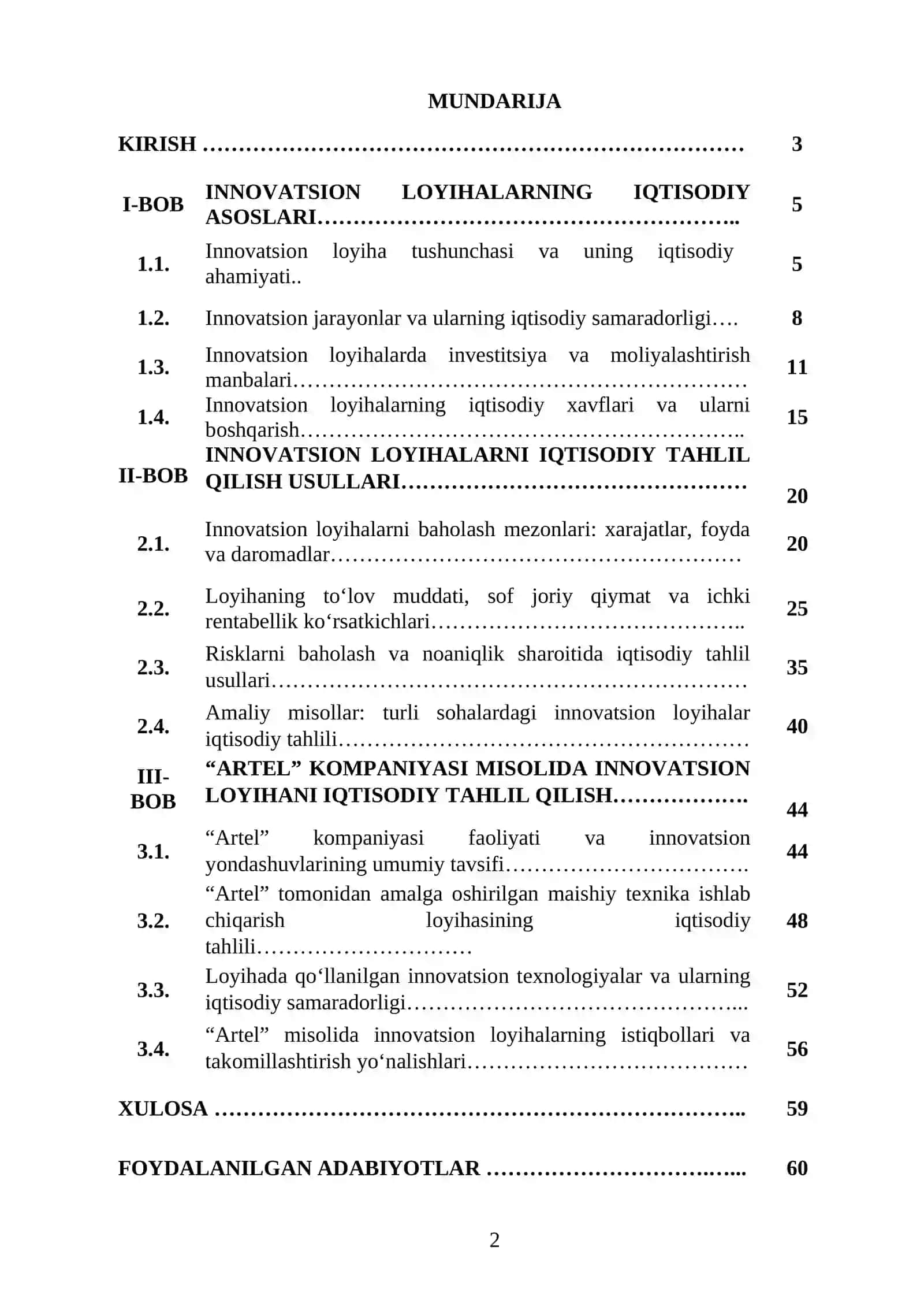 “INNOVATSION LOYIHALARNI IQTISODIY TAHLIL QILISH” MAVZUSIDA YOZGAN KURS ISHI 2
