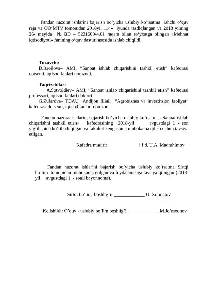 «Mehnat iqtisodiyoti» fanidan nazorat ishlarini bajarish bo’yicha USLUBIY KO’RSATMA 2