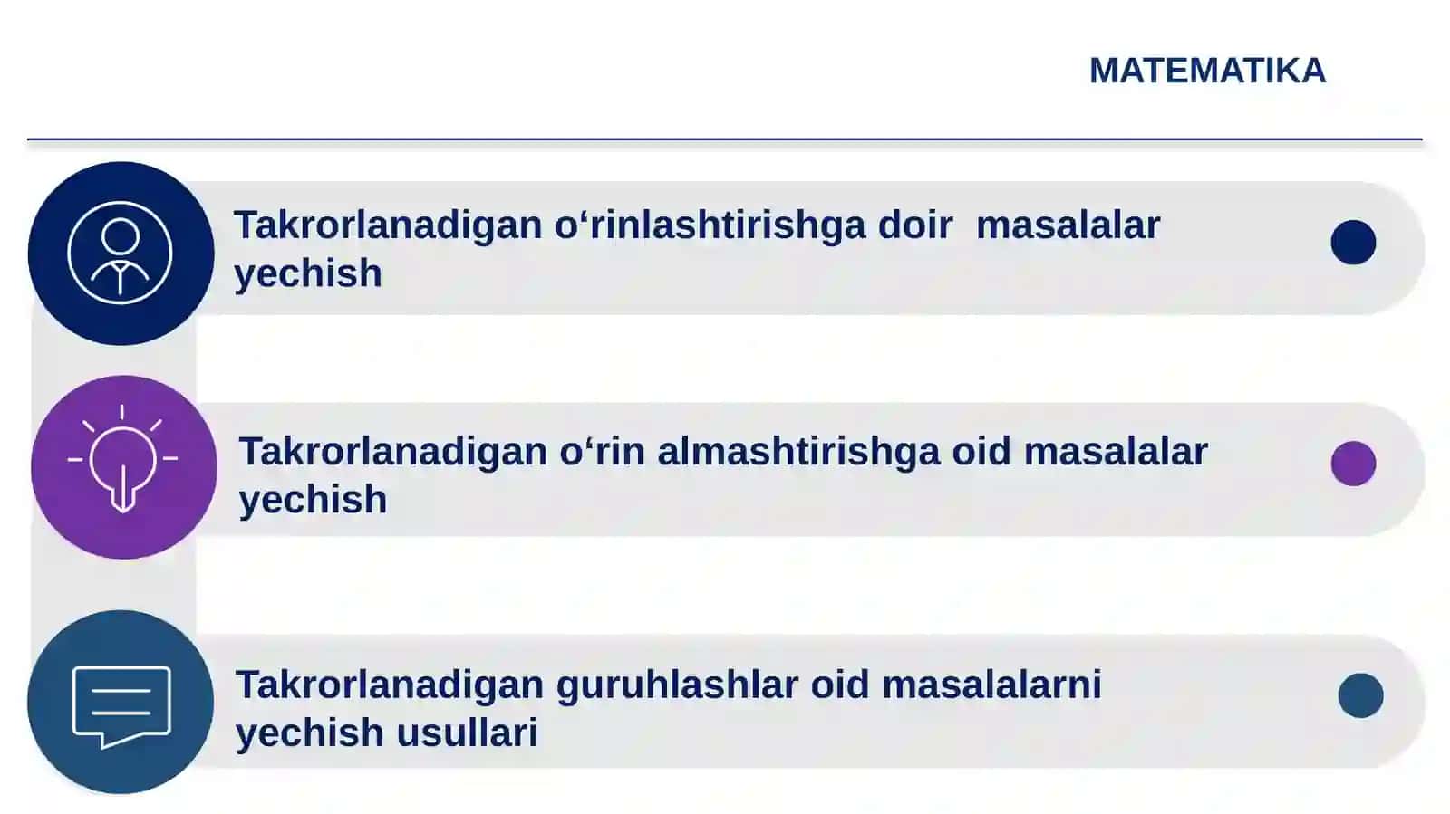 Takrorlanadigan lashlar, o‘rinlashtirishlar va o‘rin almashtirishlar (amaliy mashg‘ulot) 2