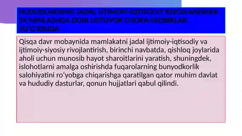 HUDUDLARNING JADAL IJTIMOIY-IQTISODIY RIVOJLANISHINI TA’MINLASHGA DOIR USTUVOR CHORA-TADBIRLAR TO‘G‘RISIDA 2