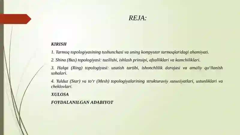 Tarmoq topologiyalari shina, halqa, yulduz, to‘r afzalliklari va kamchiliklari. 2