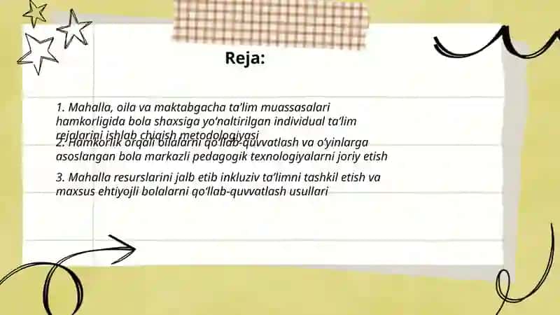 Mahalla oila va maktabgacha taʼlim tashkiloti hamkorlik tizimi ishlarini takomillashtirishda bola shaxshiga yoʻnaltirilgan taʼlim metodlari va texnologiyasi 2