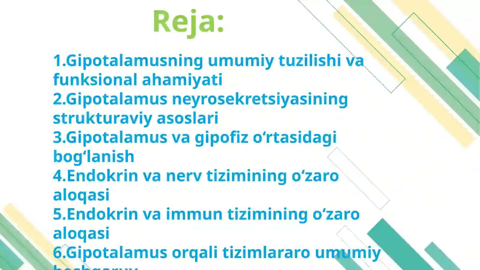 Gipotalamus neyrosekretsiyasining strukturaviy asoslari. Endokrin va nerv tizimining aloqasi. Endokrin va immun tizimining oʻzaro aloqasi 2