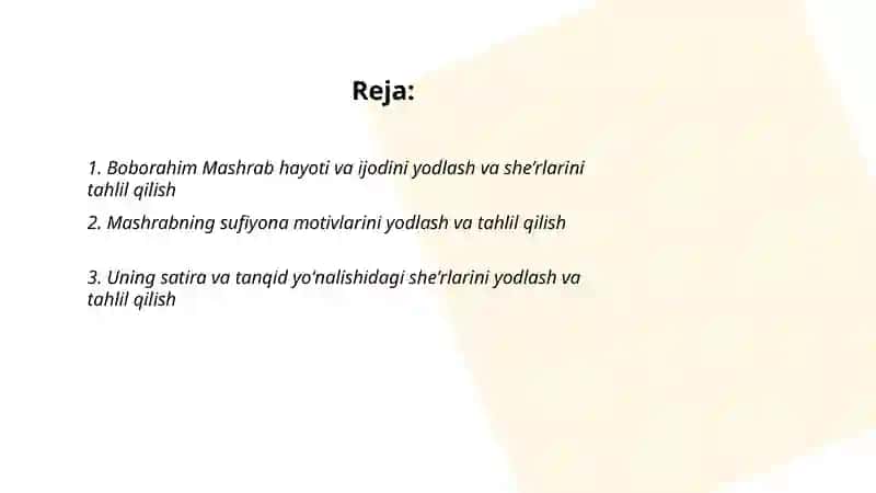 Boborahim Mashrab sherlaridan yodlash va tahlil qilish 2