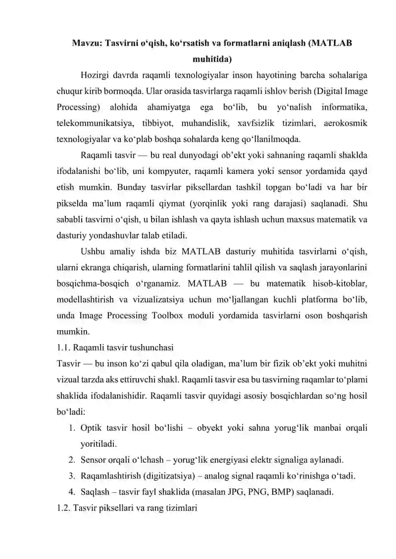 Tasvirni o‘qish, ko‘rsatish va formatlarni aniqlash (MATLAB muhitida) amaliy mashg'ulot 2