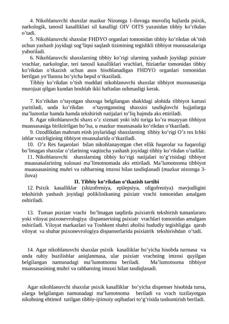 Nikohlanuvchi shaxslarni tibbiy ko’rikdan o’tkazish Nizomi 2