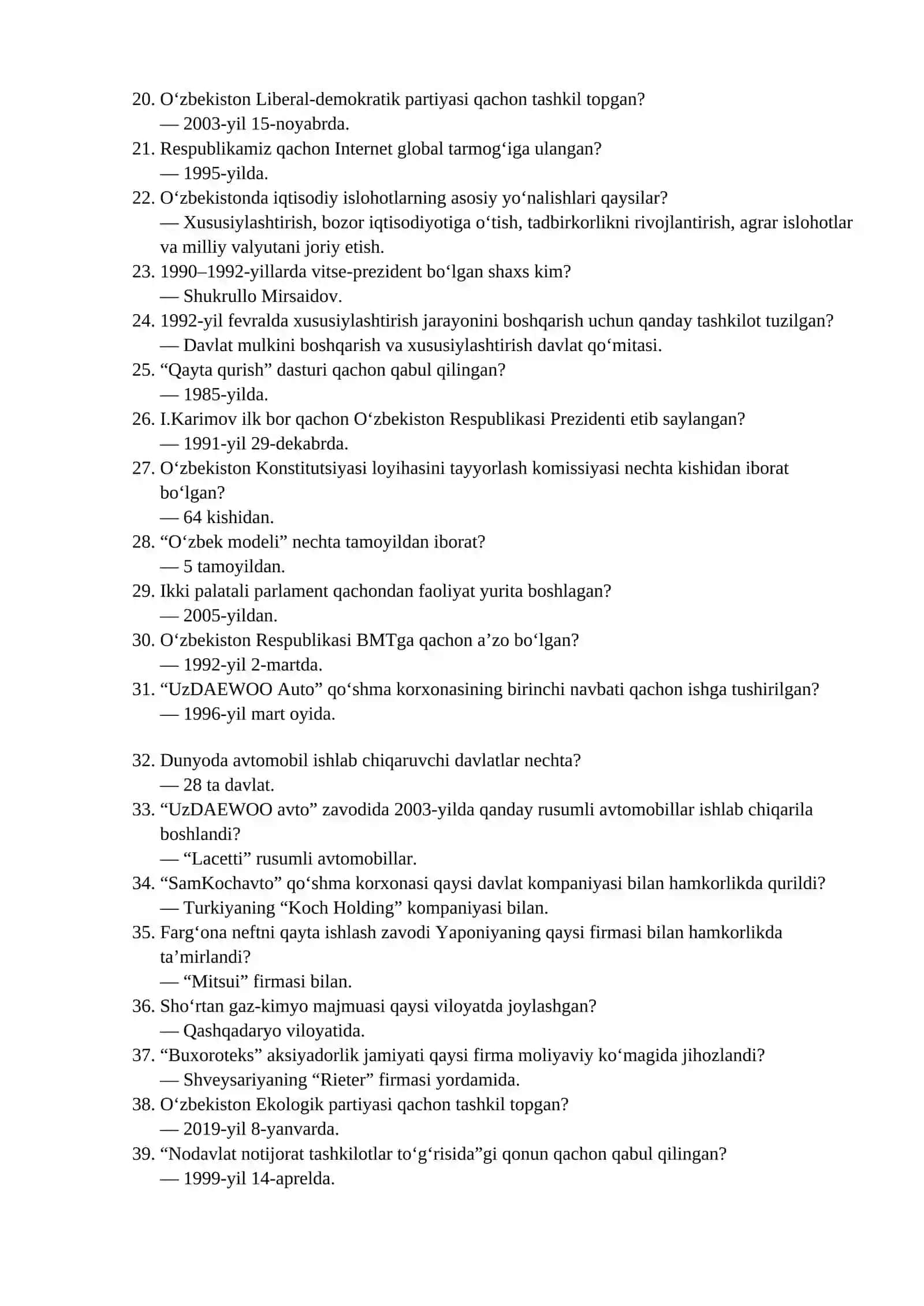O’ZBEKISTONNING ENG YANGI TARIXI FANIDAN YAKUNIY NAZORAT SAVOL VA JAVOBLARI 2