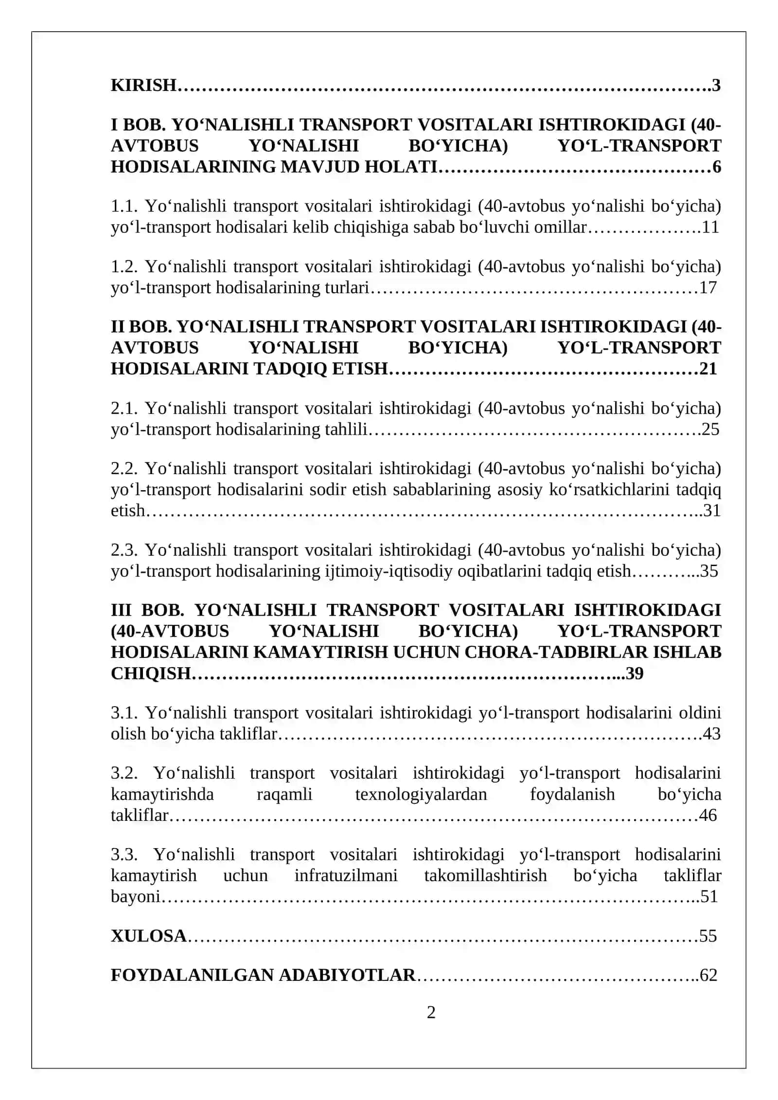 YO’NALISHLI TRANSPORT VOSITALARI ISHTIROKIDA YO’L TRANSPORT HODISALARINI TAHLIL QILISH(40-avtobus yo’nalishi bo’yicha) 2