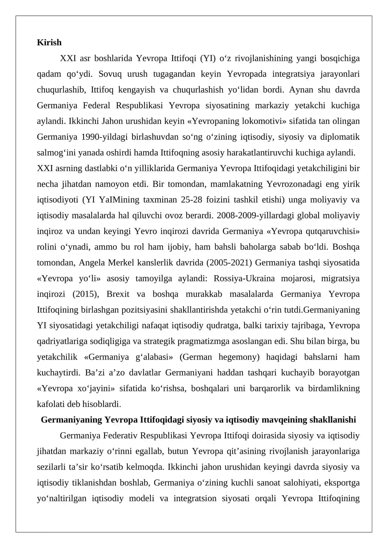 XXI asr boshlarida Germaniyaning Yevropa Ittifoqi siyosatidagi yetakchiligi 2