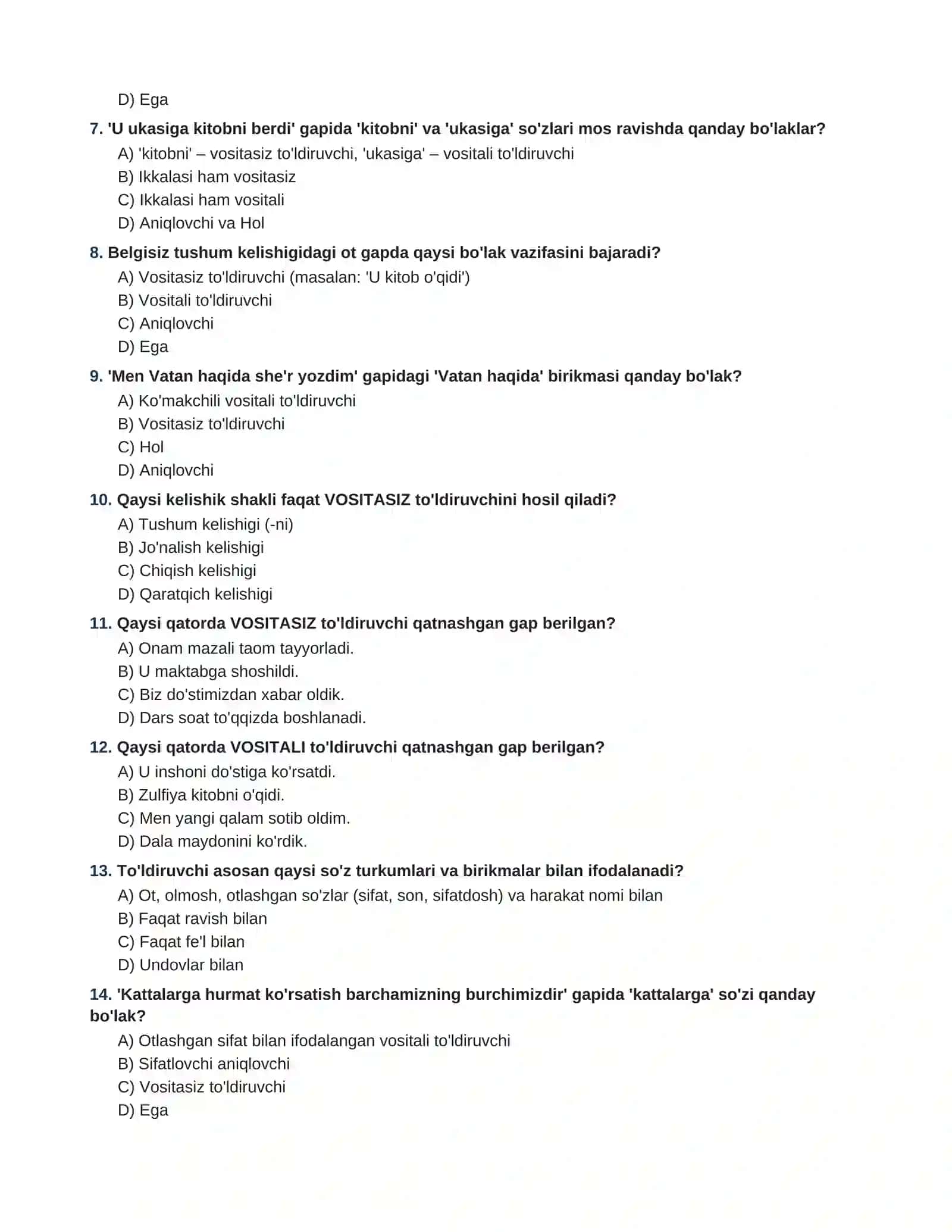 ONA TILI VA ADABIYOT  GAPNING IKKINCHI DARAJALI BO'LAKLARI (TO'LDIRUVCHI,  ANIQOLVCHI VA HOL) 100 TA TEST TOPSHIRIQLARI VA JAVOBLARI 2