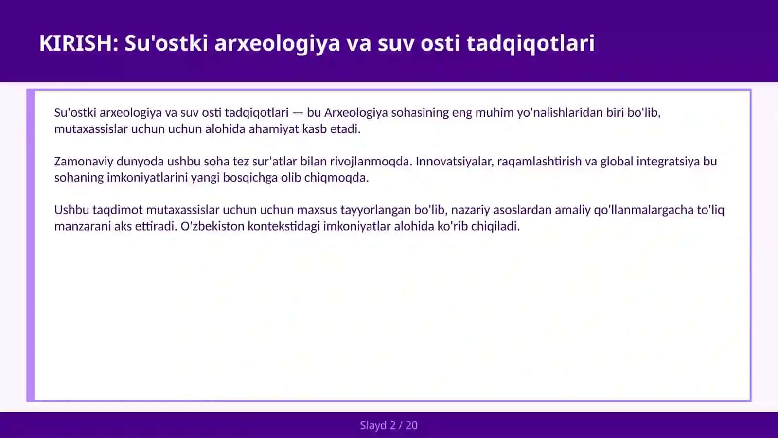 Su'ostki arxeologiya va suv osti tadqiqotlari 2
