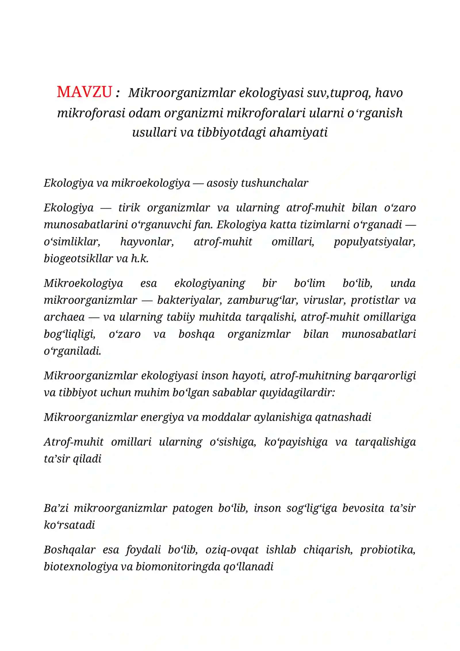 Mikroorganizmlar ekologiyasi suv,tuproq, havo mikroforasi odam organizmi mikroforalari ularni oʻrganish usullari va tibbiyotdagi ahamiyati 2