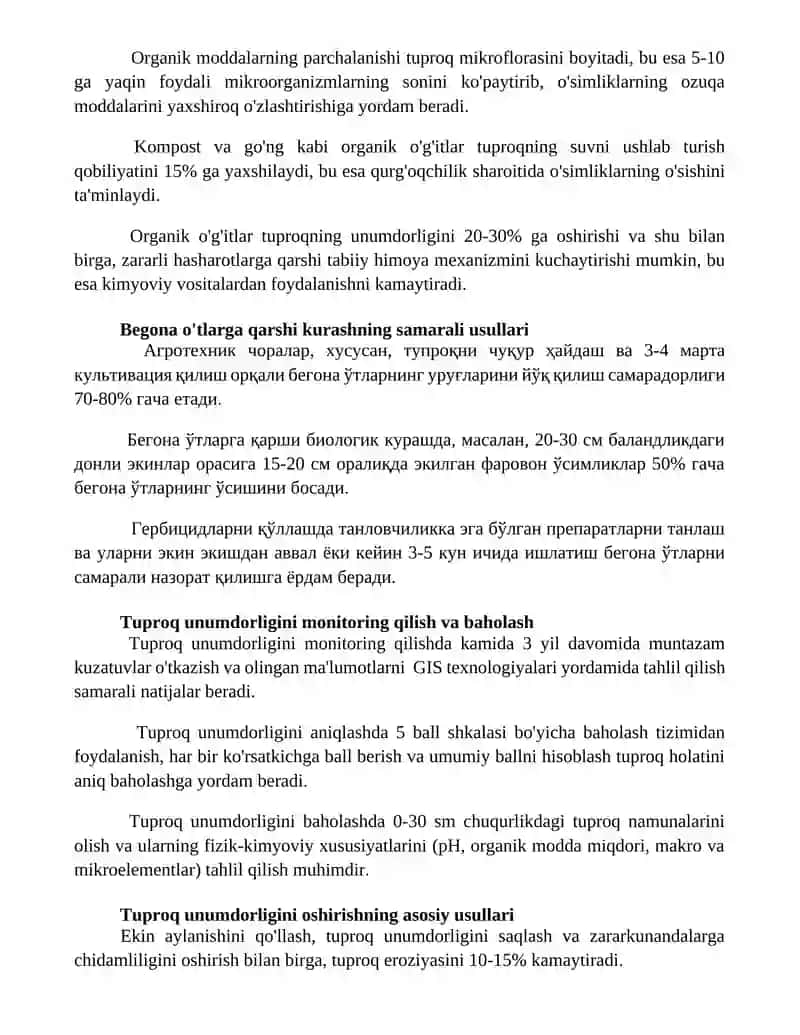 Tuproq unumdorligini oshirish va begona o'tlarga qarshi kurashish chora tadbirlari 2